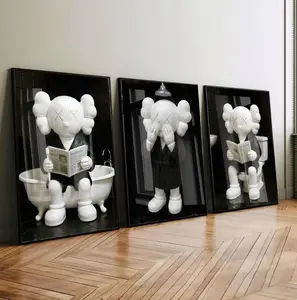 Set of 3 Black Kaws in Shower & Bathroom, Kaws Poster, Hypebeast Prints, Washroom Wall Art, Bathroom Décor