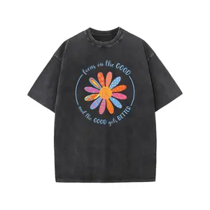 Flower Print T-Shirt, Unisex Heavy-Weight Cotton Acid Washed Graphic Short Sleeve Casual Tee for Streetwear, Weekend Wear and Everyday Style summervibes