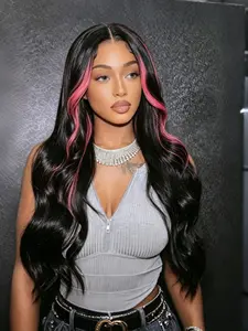 Black big wavy wig with pink stripes, 13×4 lace frontal, tight small curls Synthetic long curly wig, natural hairline, loose large curl lace frontal wig Heat-resistant fiber, daily wear, 28-inch loose big wavy wig Curly Textured Wigs