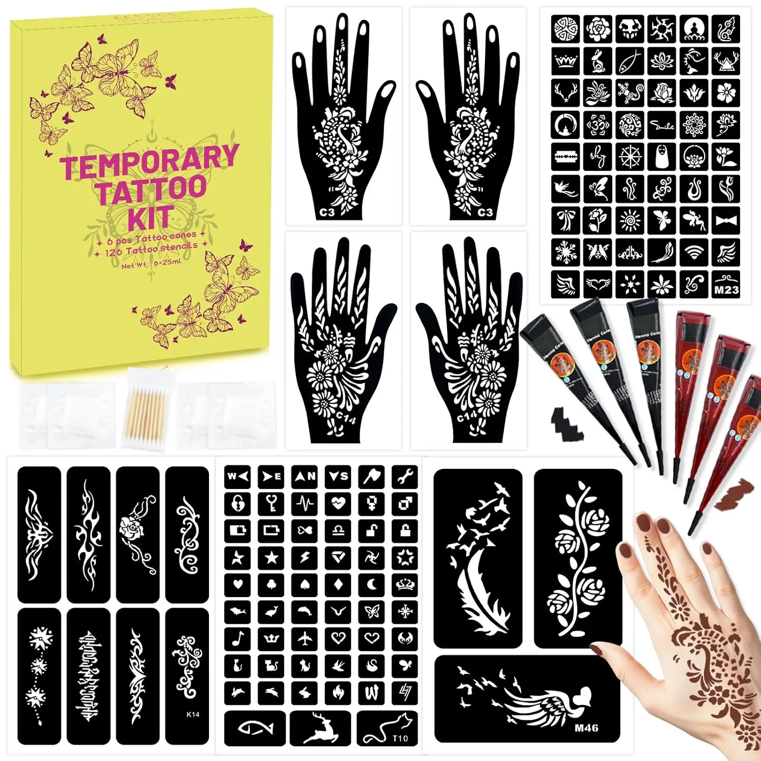 126 PCS Temporary Tattoos Stencils Kit,Henna Tattoos Kit - 6 Pcs 2 Color(Brown Black) Ink with Gloves,DIY Body Art Painting for Women Men Adults Kids