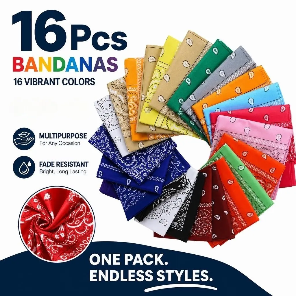 Unisex 16-Pack Multicolored Synthetic Bandanas - High-Quality, Super Soft Reusable Guys' & Female Styling Accessory, 4 Color-12 Handkerchief for Party, Outdoor Use (Scarf, Headband)