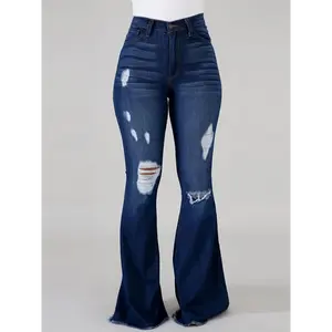 Women's High-Waist Ripped Flare Jeans - Stretch Denim Bell Bottoms with Distressed Detailing, Comfort Fit for Casual Outings, Machine Washable 2025 Fashion Womenswear Streetwear