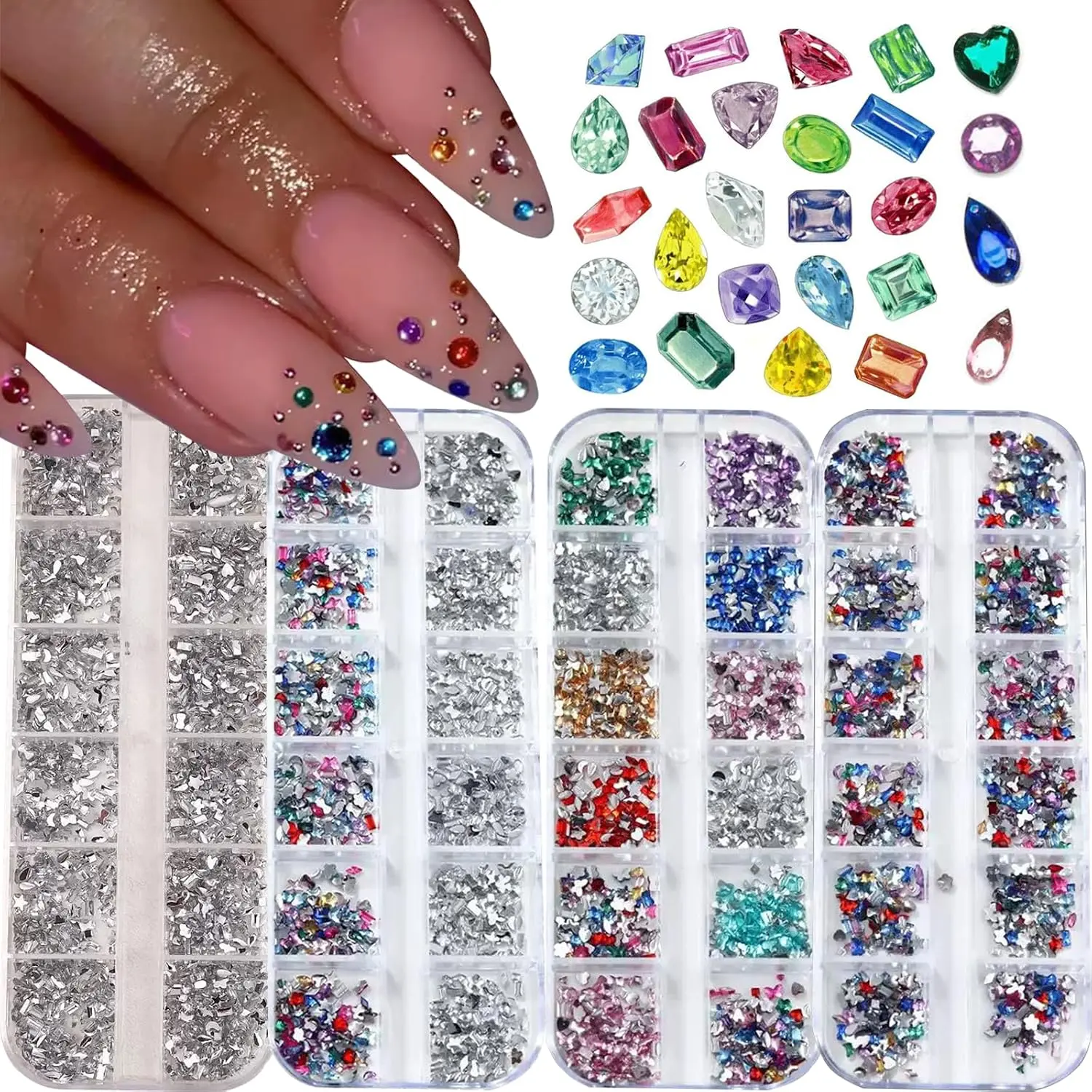 4Boxes/48Gird 4000Pcs Colorful Rhinestones Nail Art Charms 3D Flatback Rhinestones for Nails Art Design Heart Star Flower Nail Diamonds Kawaii Nail Crafts Acrylic Diamonds for Women Manicure