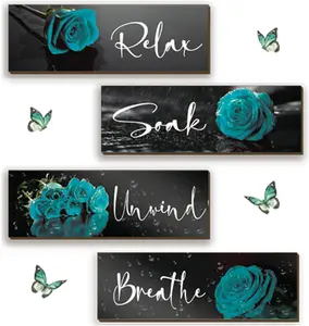 4 Pieces Teal Wall Decor Rose Bathroom Decors Turquoise Bathroom Accessories Wooden Flower Restroom Art Relax Soak Unwind Breathe Sign