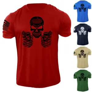 Men's Skull Gun USA Flag T Shirt American Patriotic 100% Cotton Distressed Tee Menswear Soft