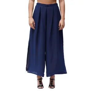 1970S Navy Blue Polyester Chiffon Pants