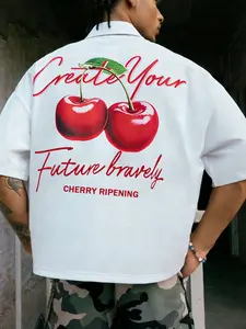 Men's Casual Short Sleeve Shirt, Realistic Cherry Illustration, Vintage English Slogan, Comfortable Anti-Wrinkle Fabric, Street Style, Streetwear