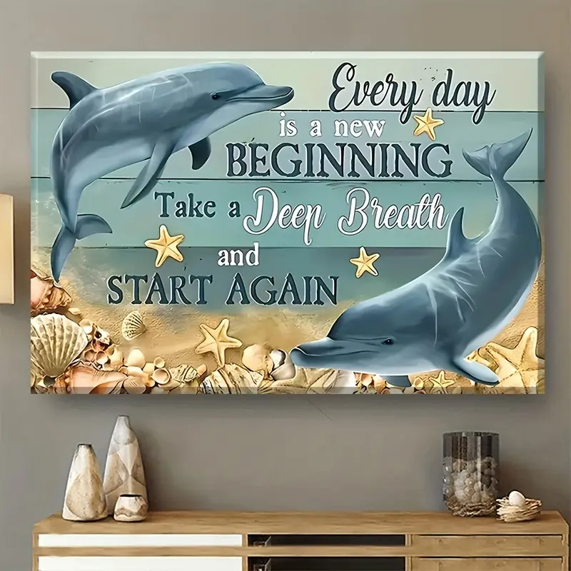 Framed Inspirational Dolphin Canvas Wall Art - 12*16 inch Ready-to-Hang Posters & Prints, Blue Home Decor, Room Decor with Dolphin Image for Living Room Animals Accents