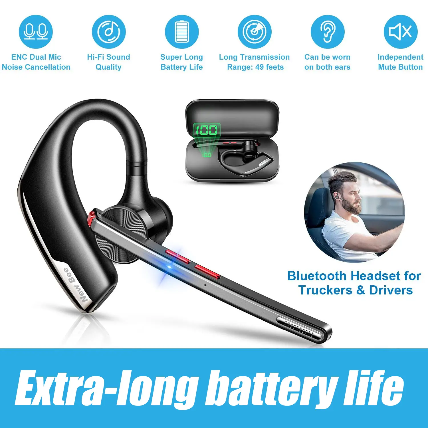 M51-TikTokShopfalldealsforyou New bee Bluetooth Trucker Headset, Wireless Bluetooth Earpiece for Cellphone with 500mah Charging Case 80h Playtime V5.2
