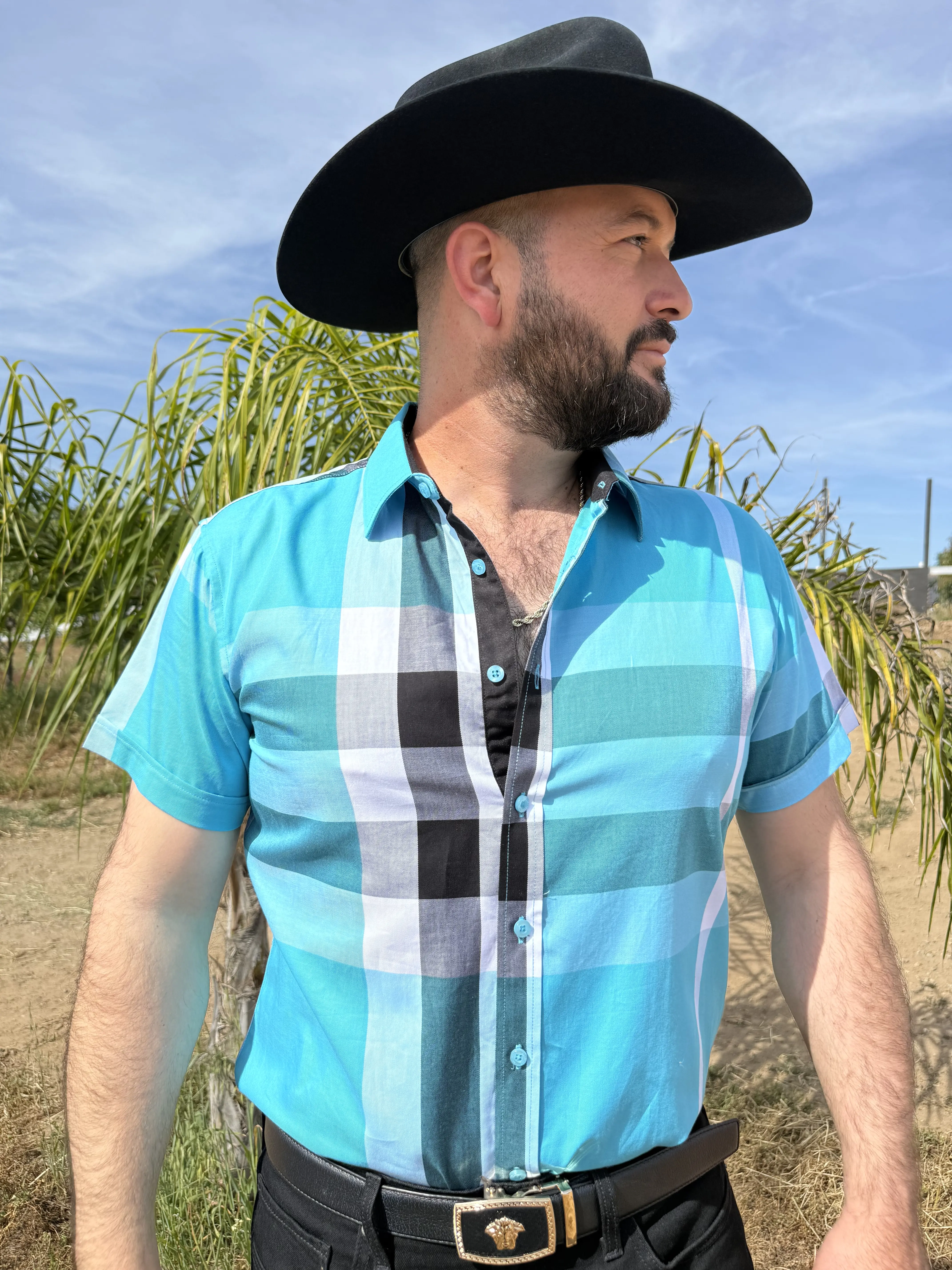 Short sleeve bayard plaid shirt (aqua)