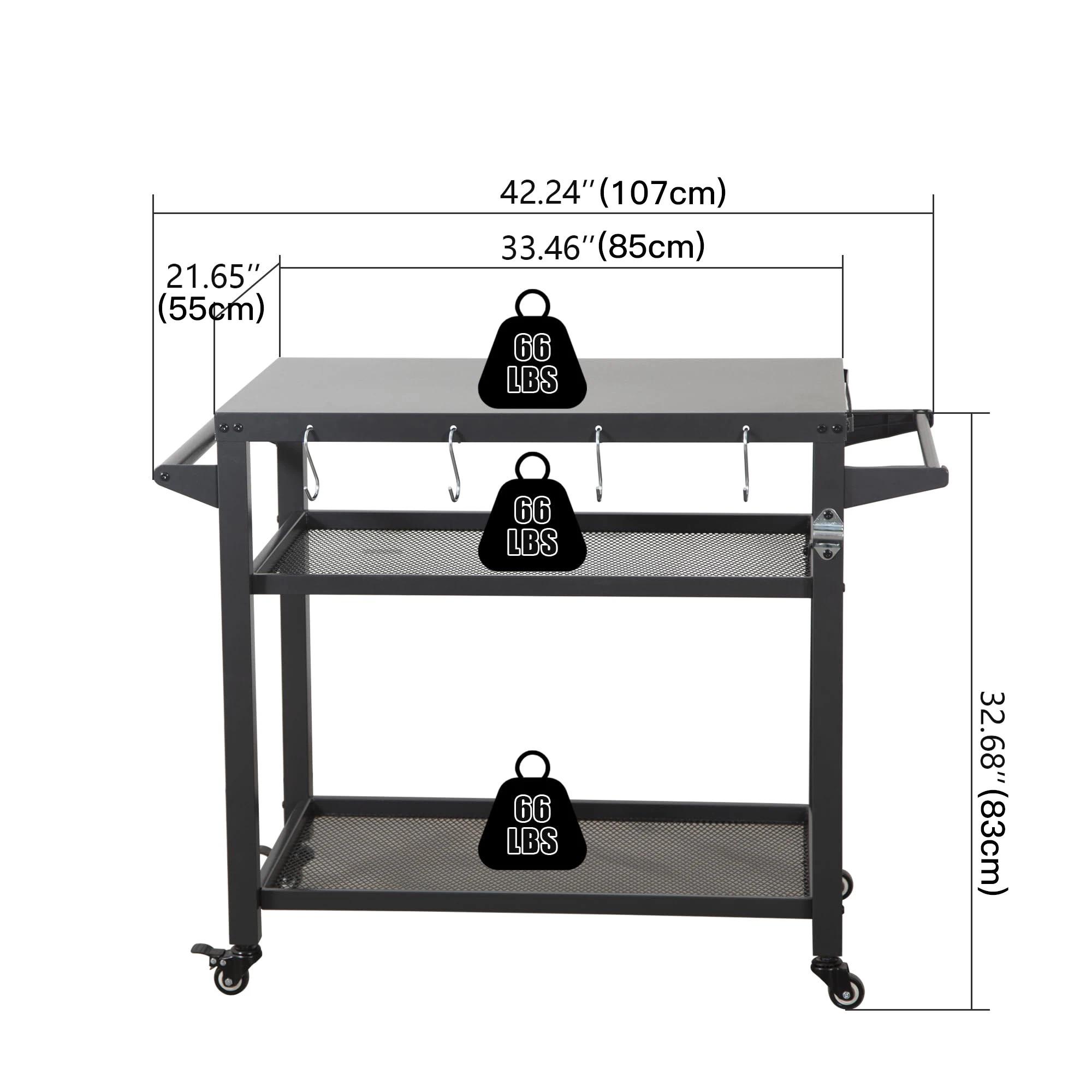 Moveable Outdoor Kitchen BBQ Worktable Trolley 42" W X 22" D 3 Storage Shelves Grill Cart Table Wheels Hooks for Food Parks