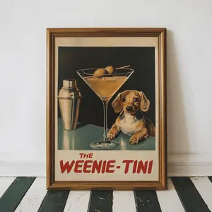 Funny Dachshund Cocktail Art Print – Retro Aesthetic Weenie-tini Dog Bar Cart Wall Decor, Dirty Martini Poster, 5 Size, 8x12 to 27x40 inch, Room Decor, Unframed