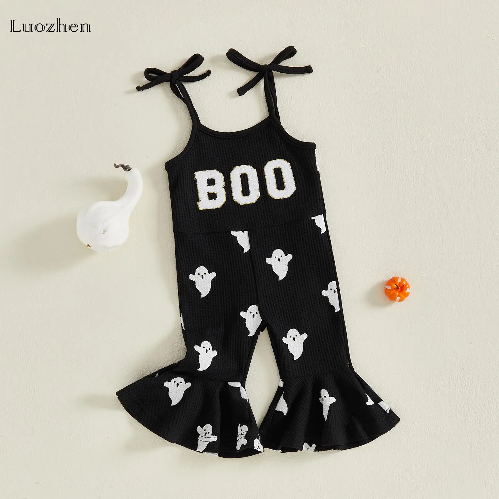 Infant Girls Baby Halloween Cute Fashion Jumpsuit Ghost Print Letter Embroidery Lace-up Spaghetti Straps Flared Jumpsuit