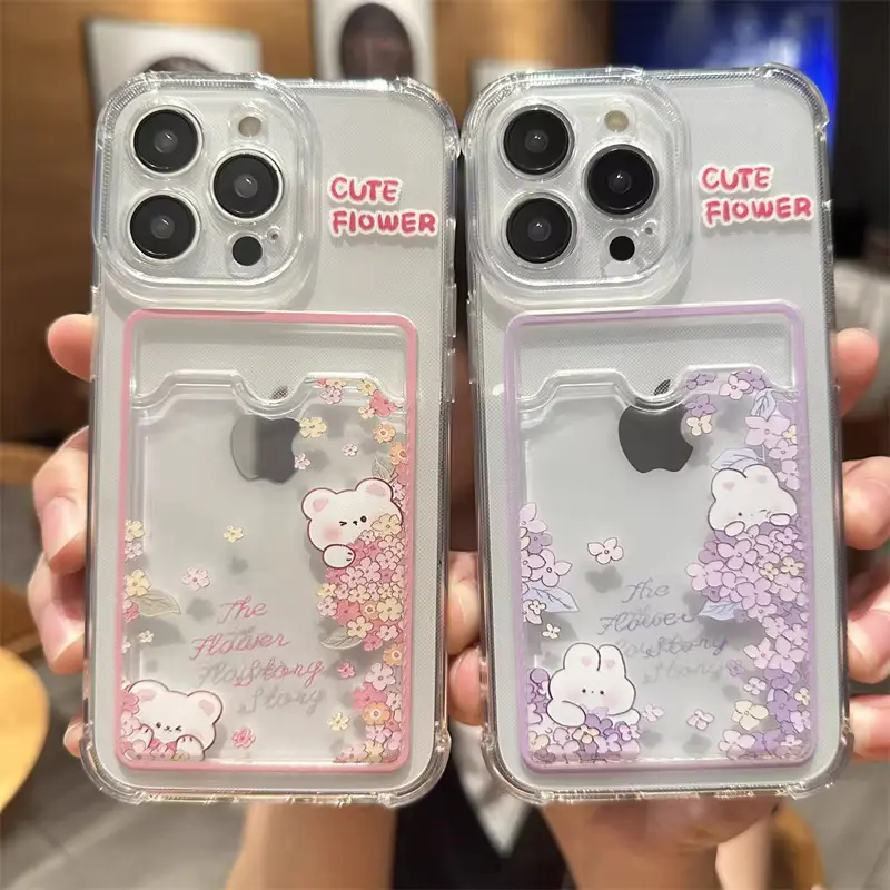 Cartoon Bunny & Flower Themed Card Holder Phone Casing - TPU Smartphone Case with Back Card/Photo Slot, Shockproof Drop-Resistant, Exquisite Design for iPhone Handheld Cellphone Devices