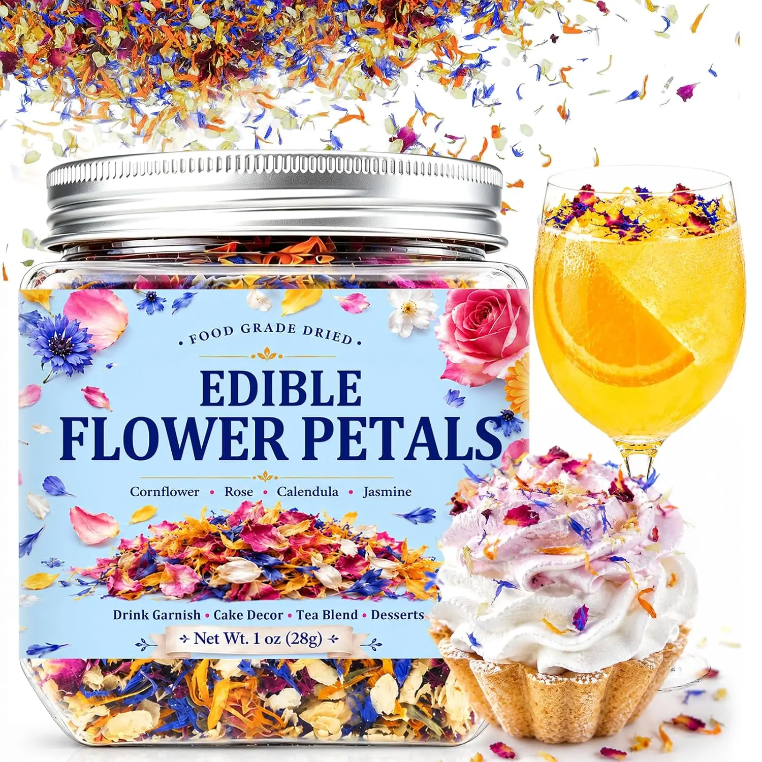 28g Natural Edible Flowers, 1oz Food Grade Mixed Dried Flower Petals | Jar Packaging • Rose, Jasmine, Calendula & Blue Cornflower Petals • Cake Decor, Tea, Cocktails, Desserts, Baking & Garnishes