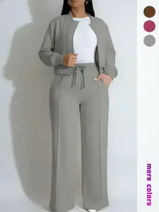 Women's Two-Piece Set Spring & Fall Plain Color Fitted Top Zipper + Button Pants Elastic Waist Suitable for Home and Outdoors