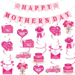 pink color with flowers hearts and cake designs this mothers day decor for party includes banner and 16 hanging swirls as reusable ceiling streamers great for best mom home office party supplies