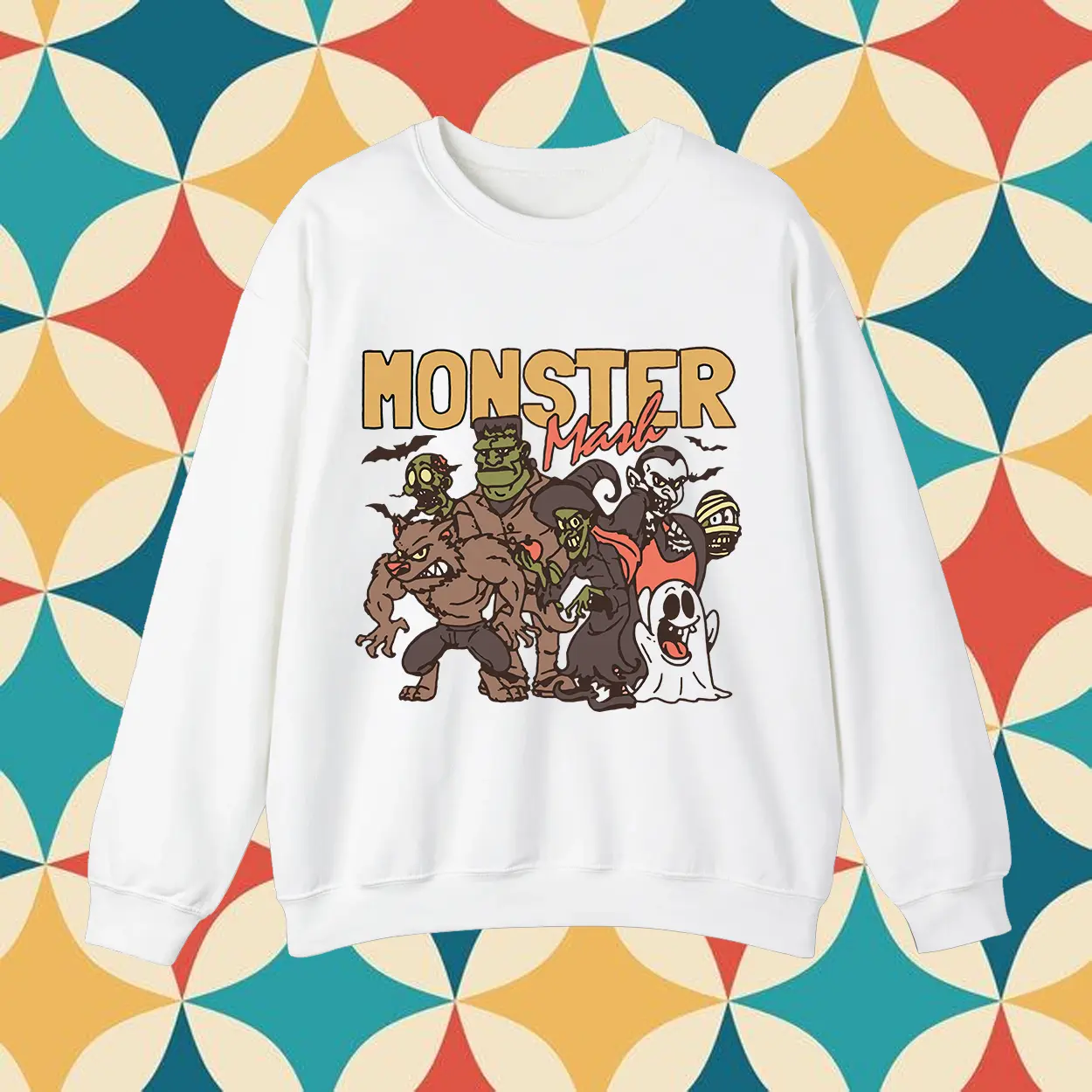 Monster Mash Vintage Cartoon Horror Squad Graphic Sweatshirt And T-Shirt | Funny Halloween Frankestein Dracula Mummy Spooky Pullover Top