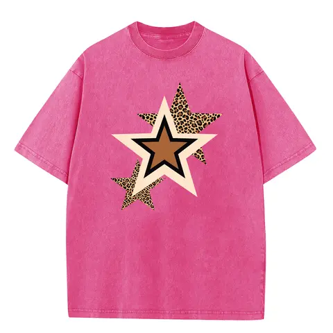 Women's Stylish Casual Graphic T-Shirt - Holafish Unisex Acid Wash Crew Neck Short Sleeve with Subtle Sparkling Leopard Star Layer Details, Cozy Plus Size Clothes for Weekend Leisure, Back to School