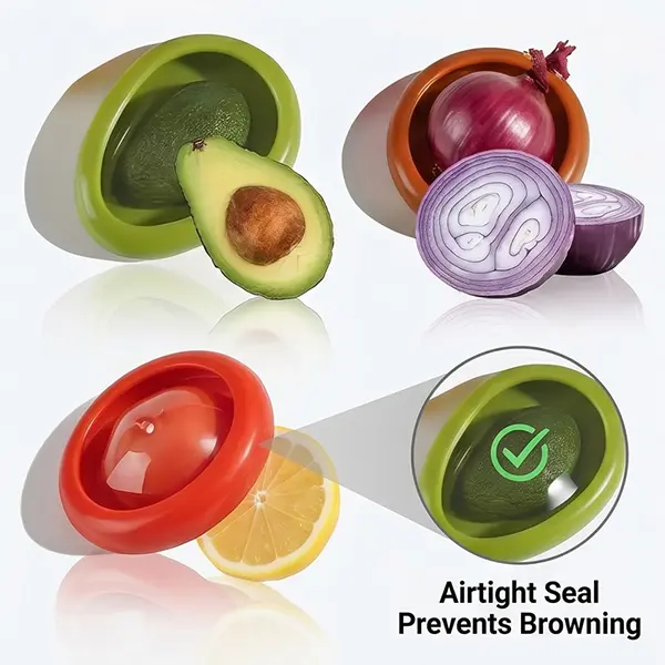 Set of 4 silicone refrigerator storage containers — reusable fruit & vegetable keepers for avocados, tomatoes, garlic, onions, lemons, potatoes, and bean pods; stretch freshness containers