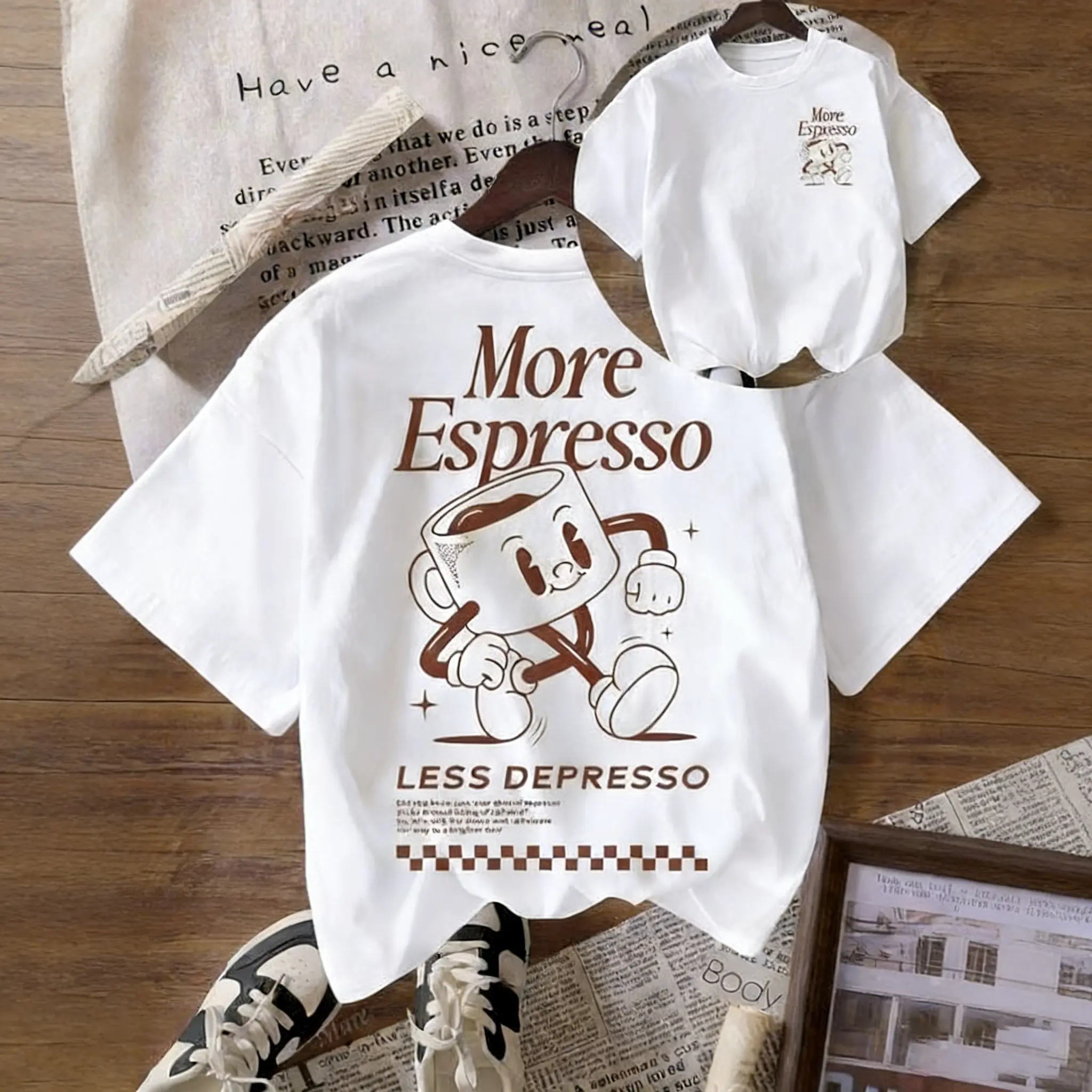 Graphic Art Tops for Women, Casual Vintage Crew Neck Short Sleeve T-Shirt with 'More Espresso Coffee Club' Print, Round Neck, Tshirt, Fitted, All Seasons, Hangable, Shortsleeve, Thanksgiving, Easter, Valentines Day, Pure Cotton, Vintage Graphic, New Year,