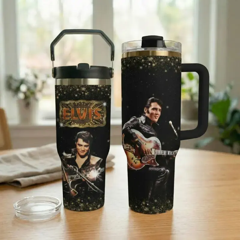 30oz 40oz The King Of Rock N'Roll 40oz 30oz Tumbler With Handle, Rock And Roll Tumbler, Guitar And Photo Collage Stainless Steel Cup, Gift for Rock Lover