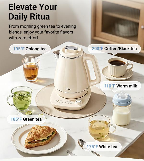 Bear Electric Kettle, 1.5L 304 Stainless Steel Water Boiler, 1500W Fast Boiling Tea Kettle with Double Wall Cool Touch, Auto Shut-Off & Boil-Dry Protection, BPA-Free, Cream