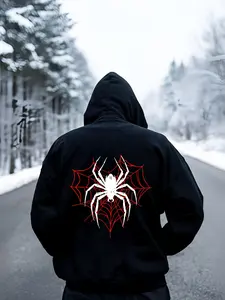 Spider Print Fleece Pullover Hoodie, Women's Long Sleeve Casual Hooded Sweatshirt, Fashionable Drawstring Design with Pockets