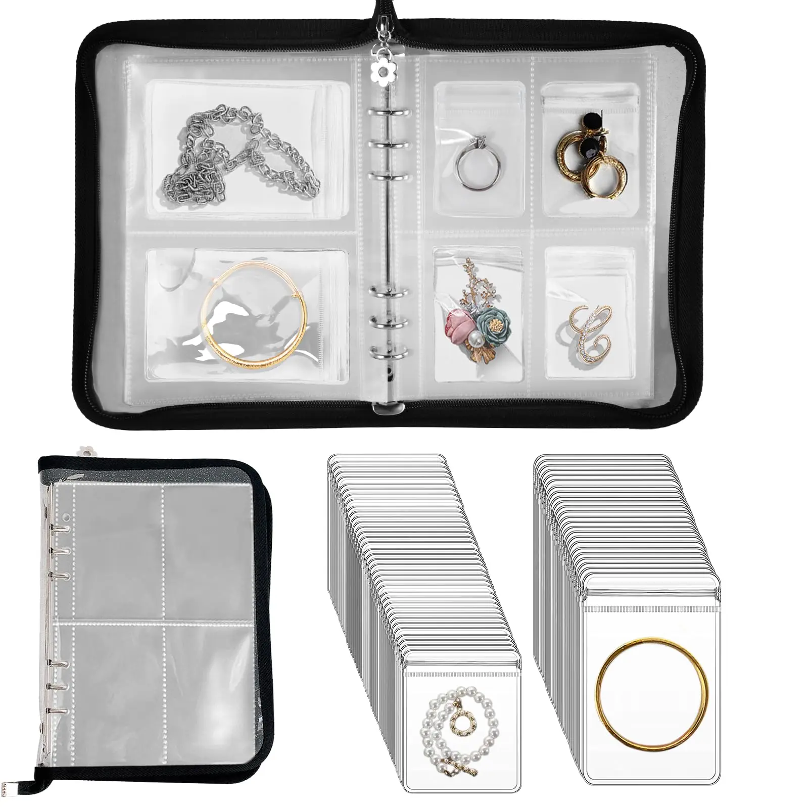 75 Pcs Transparent Jewelry Storage Book Set with Anti-oxidation Pocket Traveling Necklace Earring Organizer for Ring,Bracelets,Postcard (120 Grids +75 Thicken PVC Zipper Bags),Father's Day Gift