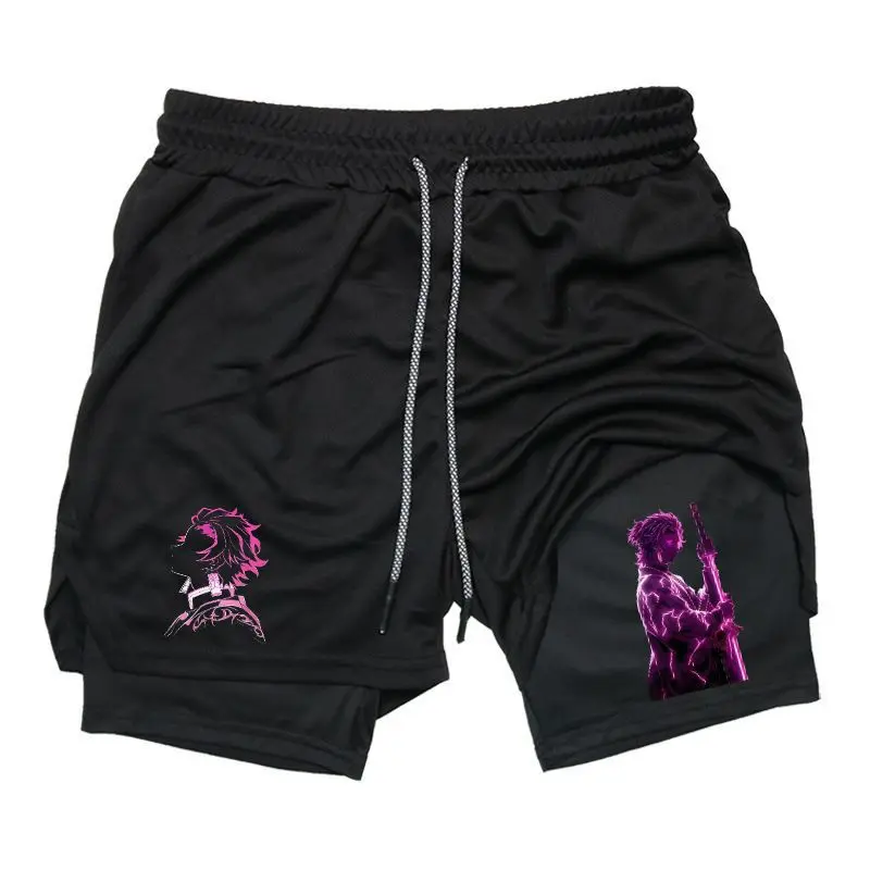 Demon Slayer Tanjiro Kamado Pink Neon Lightning Anime Men's Streetwear 2-in-1 Shorts Sweat Shorts with Anime Gunman Graphic Print Drawstring Waist Casual Summer Shorts for Men Trendy Drip Clothing