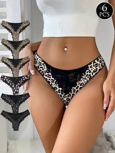 Women's Comfort Thong Briefs Floral Lace Back Pink Striped Design Breathable No Show Trim leopard print spots Briefs