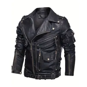 Men’s regular-fit moto jacket made of PU faux leather with zippered pockets, a casual lapel zip-up design—ideal as spring and fall outerwear and all-season streetwear.