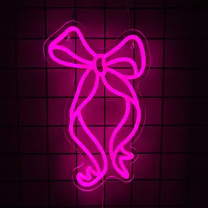 Bow Neon Sign, Neon Signs for Wall Decor Neon Pink Ribbon Bow LED Signs Room Neon Light Up Signs Home Decor for Bedroom Club Party Bar Shop USB Operated