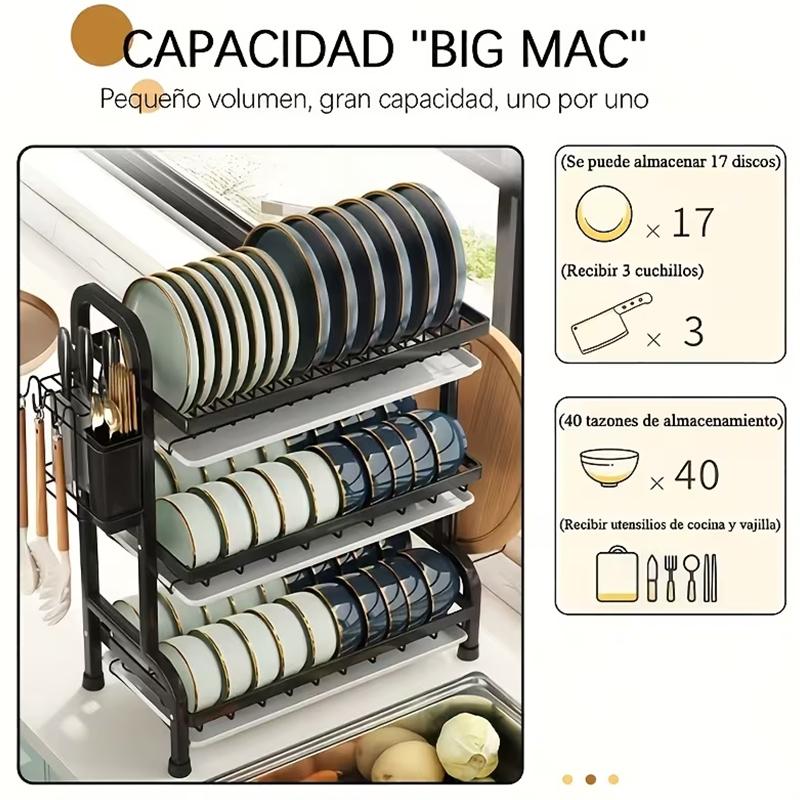 3-Tier Metal Kitchen Counter Organizer - Heavy Duty Dish Drying Rack with Drain Tray & Drainage, Space-Saving Kitchen Accessory Storage Rack for Plates, Bowls, Cups, Utensils, Cutting Boards (Box Pack), Kitchen Accessories