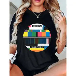 Women's Black T-Shirt | Retro TV Test Pattern "NO SIGNAL PLEASE STAND BY" Print | Casual Short Sleeve Vintage Television Graphic Tee for Daily, Party, Ladies 100% Cotton T-shirt