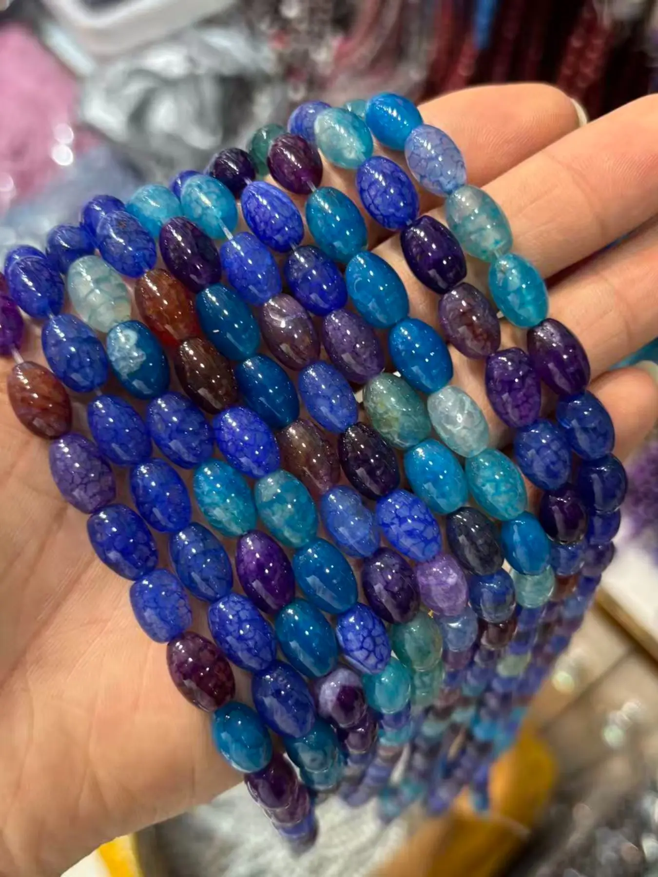 0.8cmx1.2cm Natural Stone Blue Dragon Pattern Agate Beads, DIY Jewelry Making Accessories, Bracelet, Necklace, Earring Components