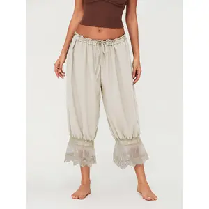 Women Ruffle Long Bloomer Y2k Lace Trim Pettipants Pantaloons Mid Rise Cropped Pajama Pants Under Dress Slips