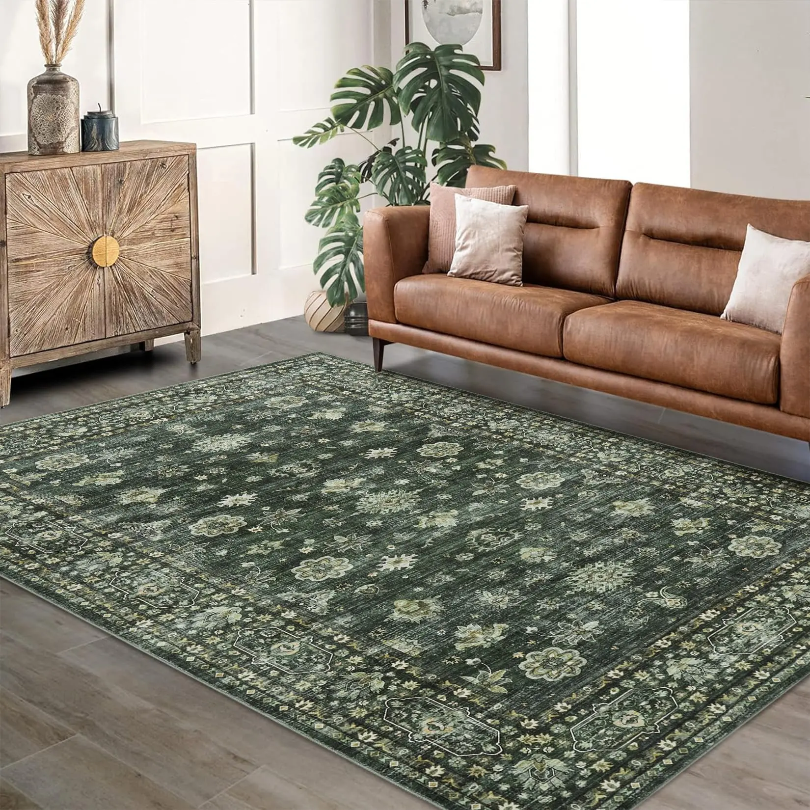 Area Rug 6'x9' Indoor Vintage Living Room Carpet Washable Distressed Rug Green Floral Bedroom Retro Accent Throw Rug Office Dining Room Nursery