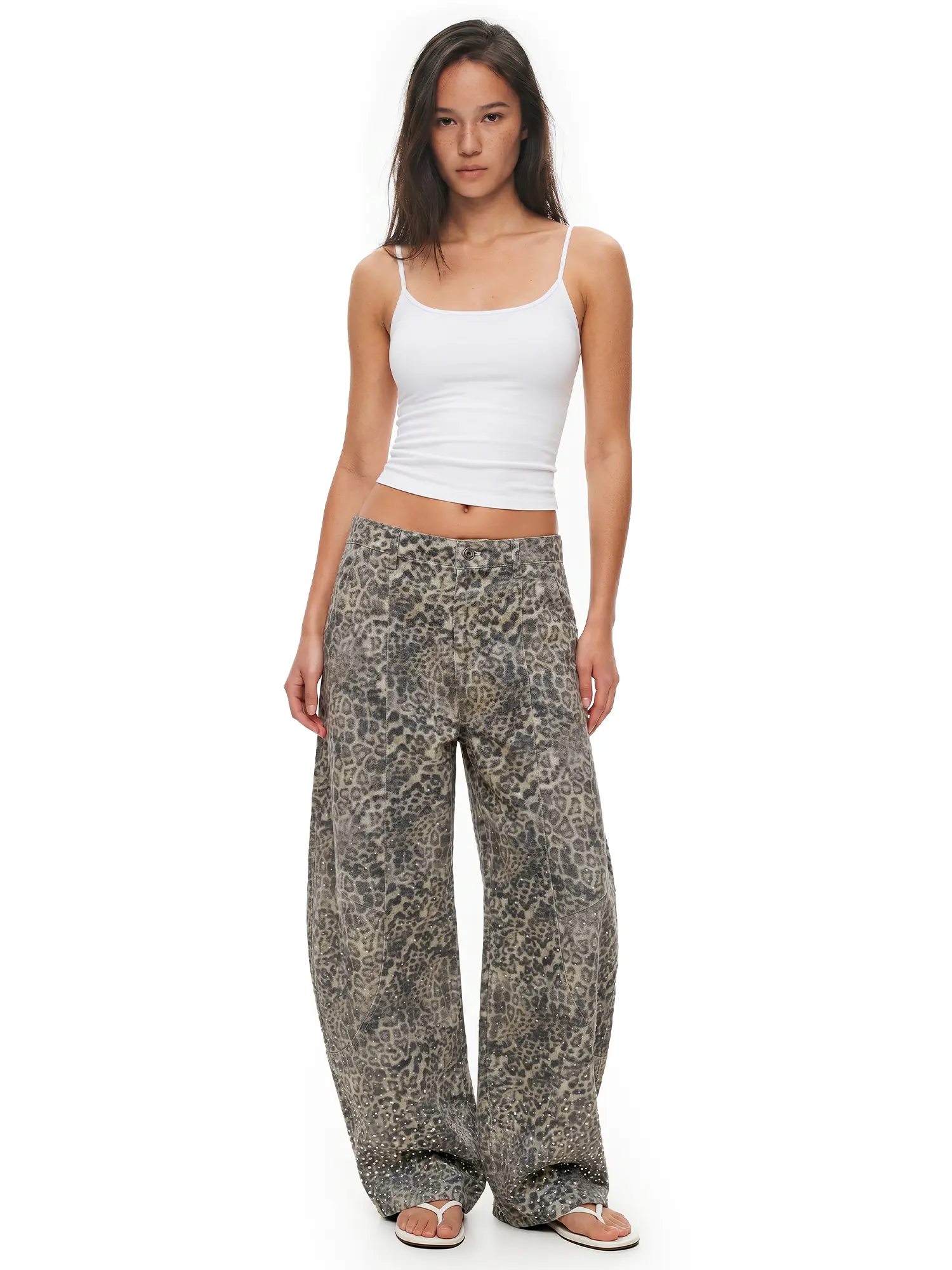 FDR 100% Cotton Washed Leopard Baggy Jeans Rhinestone Print Denim Pant for Men & Women Oversized Low Waist Wide Leg Pants Casual Vintage Trouser Streetwear Bottom