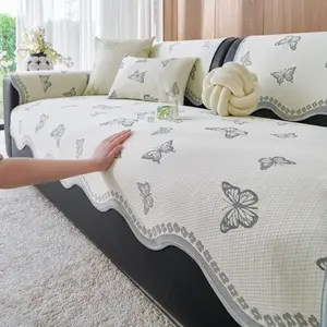 1pc Jacquard Cool Slip-Resistant Sofa Cushion, Butterfly Pattern Summer Sofa Cover, Reusable Furniture Protector for Living Room, Office, Bedroom, Washable Couch Cover