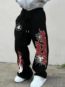 Men's Casual Sporty Long Pants, Flame & Spider Web Print Drawstring Wide Leg Loose Fit, All Season Fashionable Men's Clothing, Casual Sports Pants