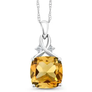 Gem Stone King 10K White Gold Yellow Citrine and White Topaz Pendant Necklace For Women (3.27 Cttw, Gemstone November Birthstone, Cushion Cut 10MM, with 18 Inch Chain)