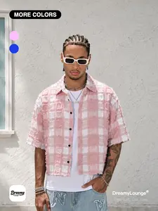 Men's Plaid Fringe Texture Short Sleeve Shirt, Casual Loose Fit Summer Streetwear Button-Up Top, Trendy Fashion