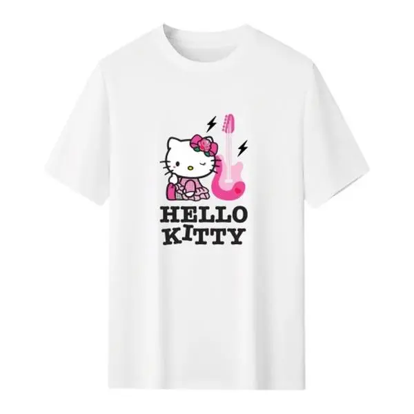 Sanrio Hello Kitty Guitar T Shirt Cotton Oversized Relaxed Fit Rock Star Graphic Tee Streetwear Summer