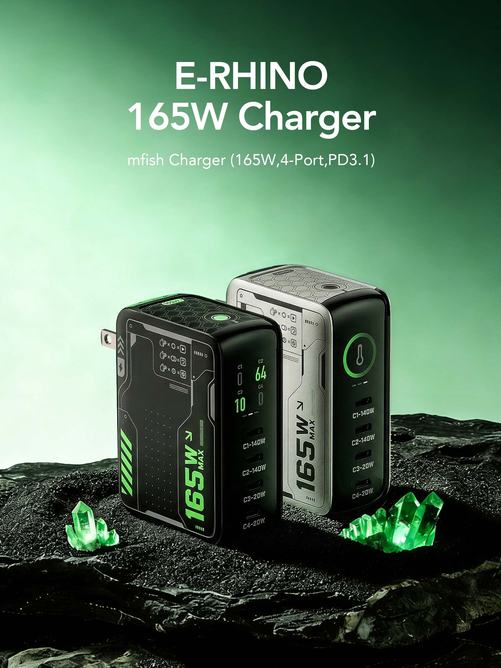 mfish E-RHINO 165W Total GaN USB-C Laptop Wall Charger - 4-Port Charger with Rotatable LCD Smart Display, Foldable US Plug for Mobile Devices, Game Charging