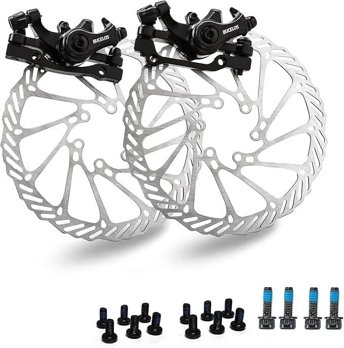 BUCKLOS MTB Mechanical Disc Brake Kit, Front & Rear Line-Pulling Calipers with 160mm Rotors, Aluminum Alloy Levers, Universal Adapter for Folding, Fat & City Bikes Bicycle