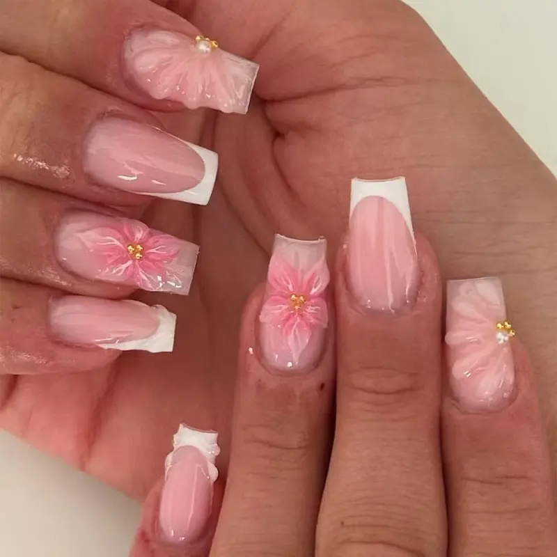 24pcs Long Square French 3D Flower Pearl Press-On Nails Set, Square Fake Nails, Nail Art Design, Includes Jelly Glue and Nail File, Perfect for Parties, Dance, Daily Use