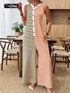 Spring Summer New Striped Boho Festival Casual Fit Vacation Wide Leg Pants Jumpsuit, Sleeveless Patchwork Women's Bohemian Dungarees Bohemian Overall