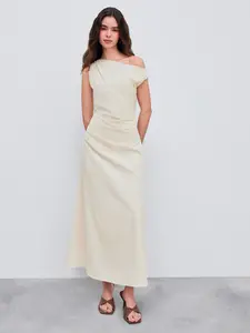 Cider Asymmetrical Neck Solid Ruched Maxi Dress