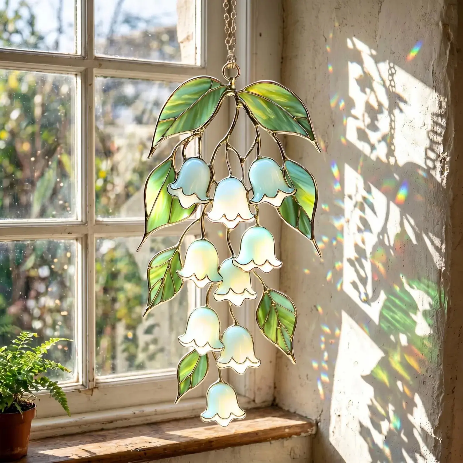 Lily of the Valley Flower Stained Glass Suncatcher Handcrafted Iridescent Window Hanging Art Rainbow Prism Maker Decor Cottagecore Aesthetic Garden Plant Lover Gift for Women Mom